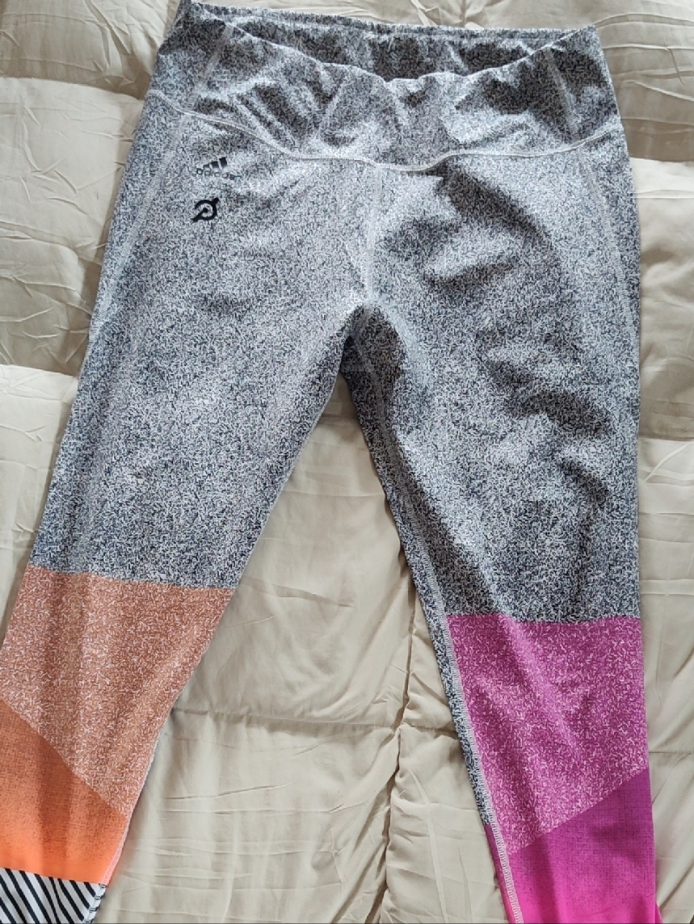 Adidas Peloton Gray Speckle Leggings with Orange and Pink Colorblock
